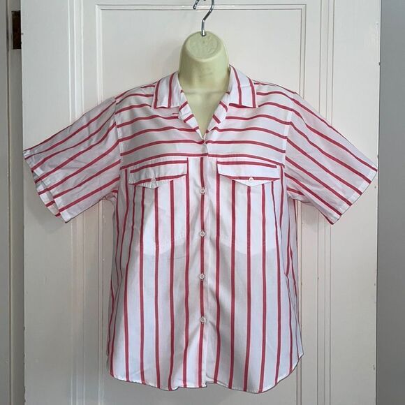 Vtg 80s/90s Picket and Post white & red striped oversized short sleeve shirt - Picture 1 of 7